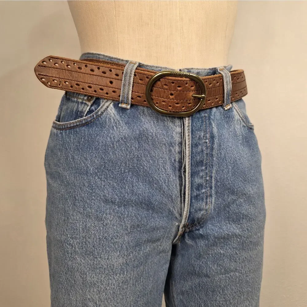 Carhartt Brown Leather Belt XL Perforated Oval Buckle Genuine Cowhide Casual